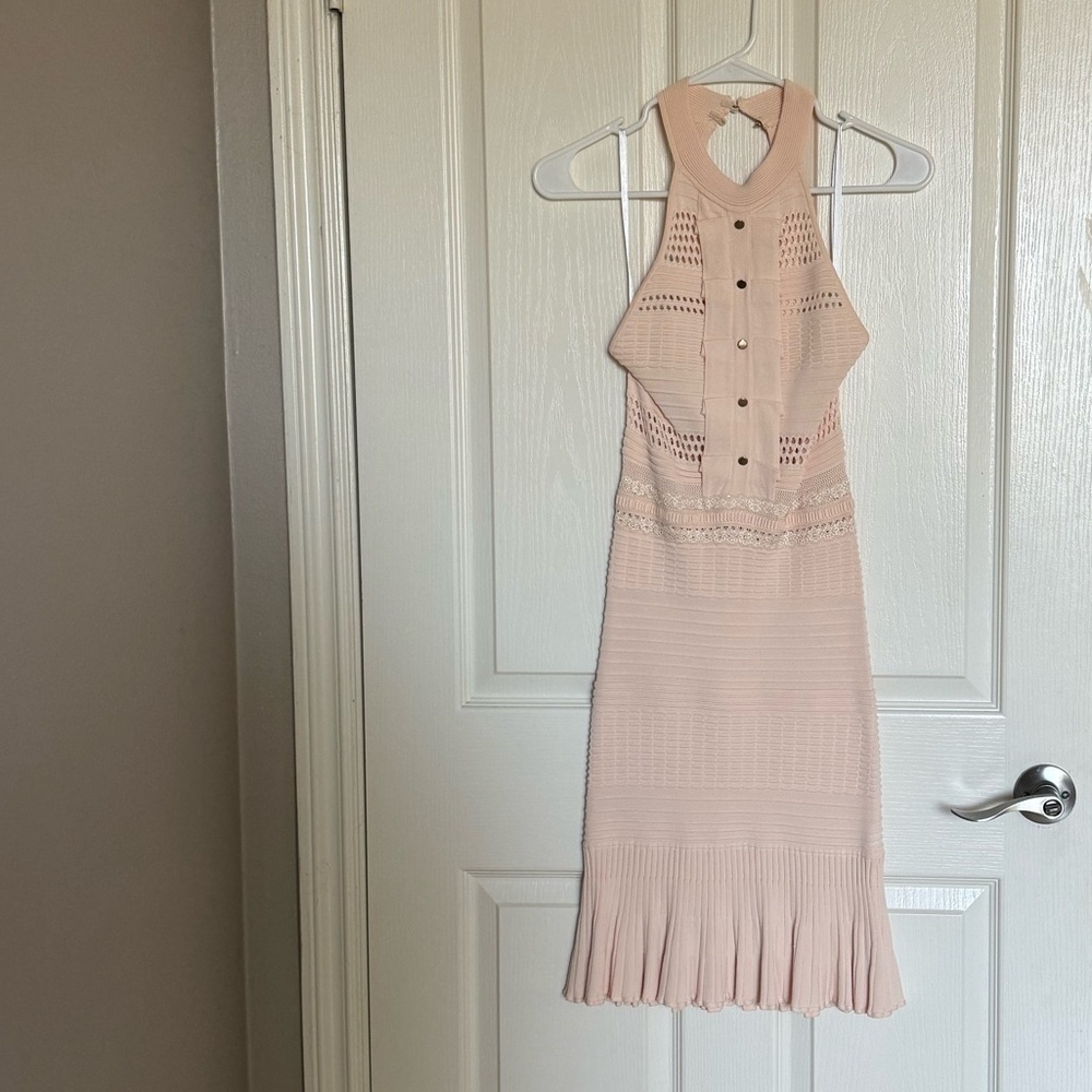 BEBE: Peach Crochet Halter Knit Dress - Size XS